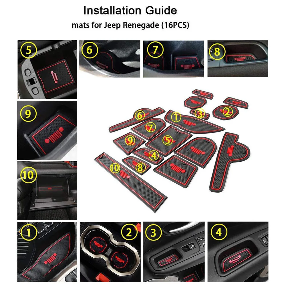 

16pcs Black+Red Rubber Non-Slip Inner Door Pad Cup Mats For Jeep Renegade 15-18
