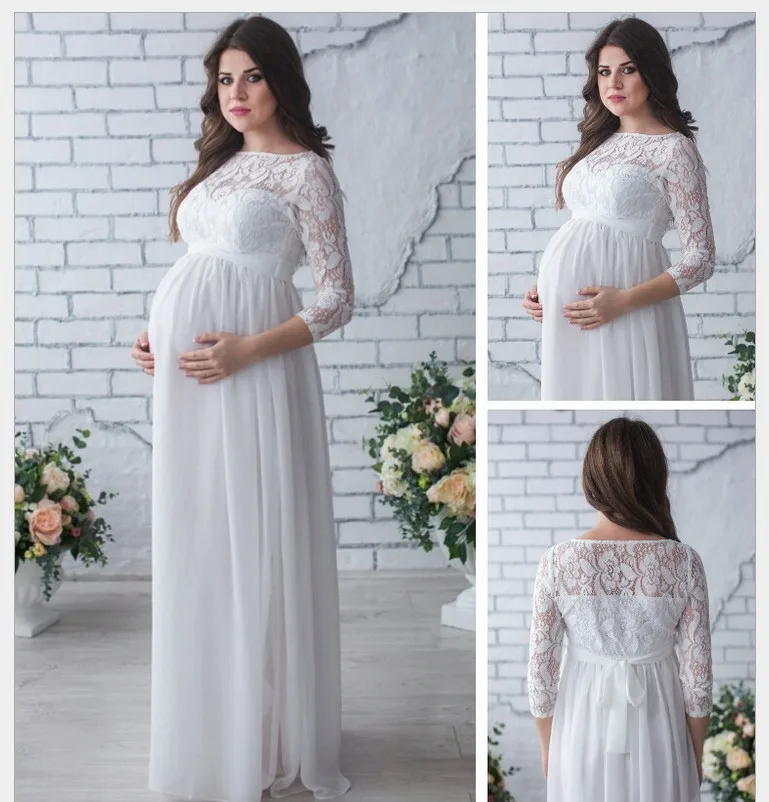 

Pregnant Wedding Dress 2019 Elegant A Line O Neck Long Sleeve Lace Long Boho Wedding Dresses Beach Bridal Gowns Robe De Mariee