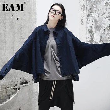 

[EAM] 2020 New Spring Autumn Lapel Long Sleeve Dark Blue Denim Loose Big Size Personality Jacket Women Coat Fashion Tide JR487
