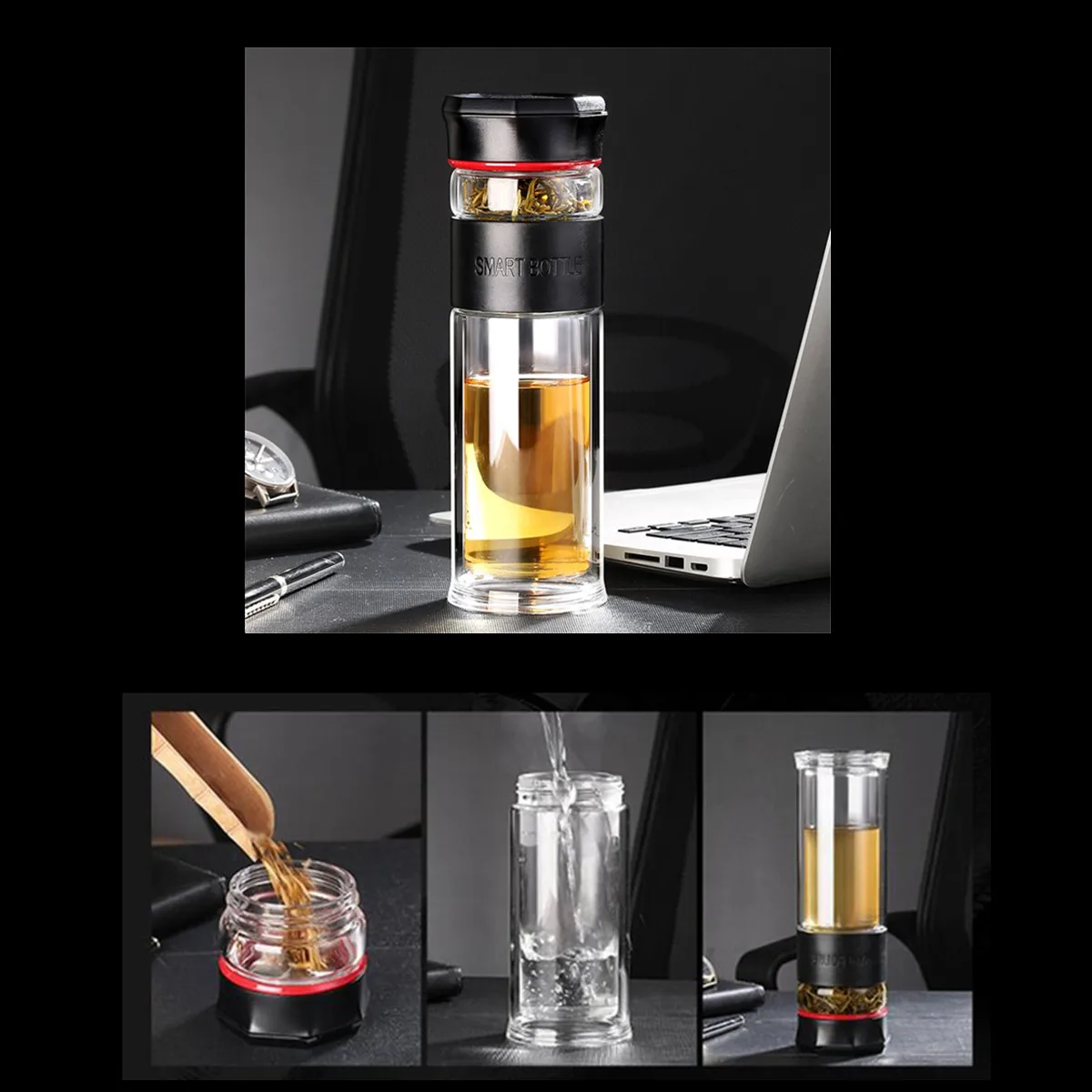 400ML Glass Water Bottle with Tea Infuser Portable Double Heat resistant Cup Drinkware Double