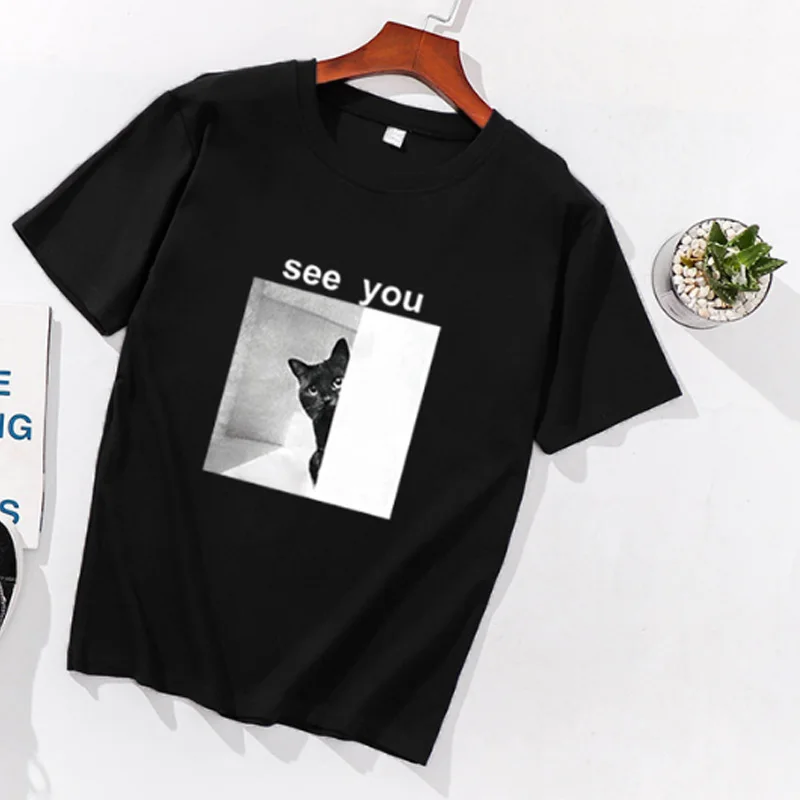 

YELITE cat Print Letter t shirt Women tshirt Short Sleeve Casual Funny t shirt For Lady Girl Top Tee Hipster