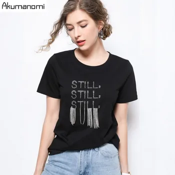 

Summer Cotton T-shirt Women 2019 High Quality Plus Size 5XL-L Casual O-neck Short Sleeve Black Diamonds Beading Tee Shirt Femme