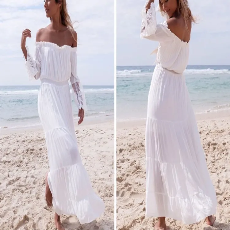 

2018 Spring Summer Women Beach Dress White Lace Slash Neck Off The Shoulder Lady Dresses