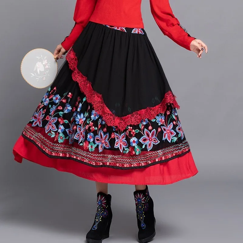 

Women Floral Embroidery Skirts High Waist Lace Patchwork Skirts Vintage Spring Summer Skirts Faldas Saia