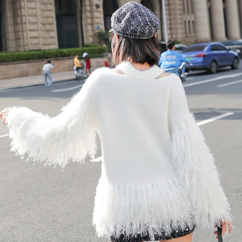 Halterneck Cute Knitted Sweater Women 2018 Autumn Winter Tops Mohair Patchwork Puff Sleeve Tassel Off Shoulder Pullover Women 