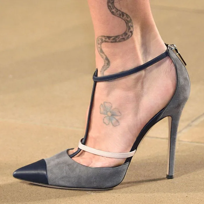 

European Plus Size Runway Fashion Pumps Suede Leather Gray Color T-strap Pointed Toe Mary Janes