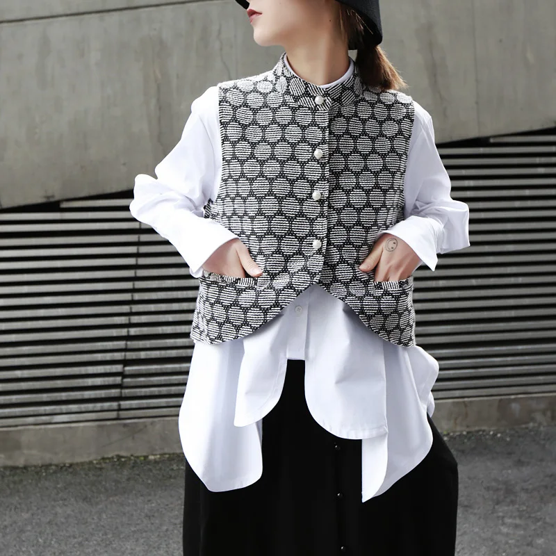  [EAM]2020 New Autumn Winter Lapel Long Sleeve White Irregular Hem Cut Stitch Irregular Big Size Shi