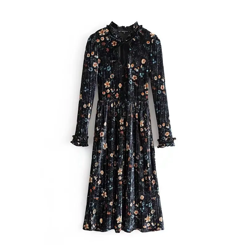 

Hot Sale Autumn Winter Long Sleeve Party Dress Pleated Velvet O-Neck Long Dress Women Floral Print Vintage Dresses