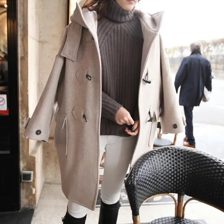 Femme Long Solide Manteau Outwear Hiver Feminino Capuchon 2018 Casaco Simple Manches Bouton Corne À Mode Automne Longues EqdOEw