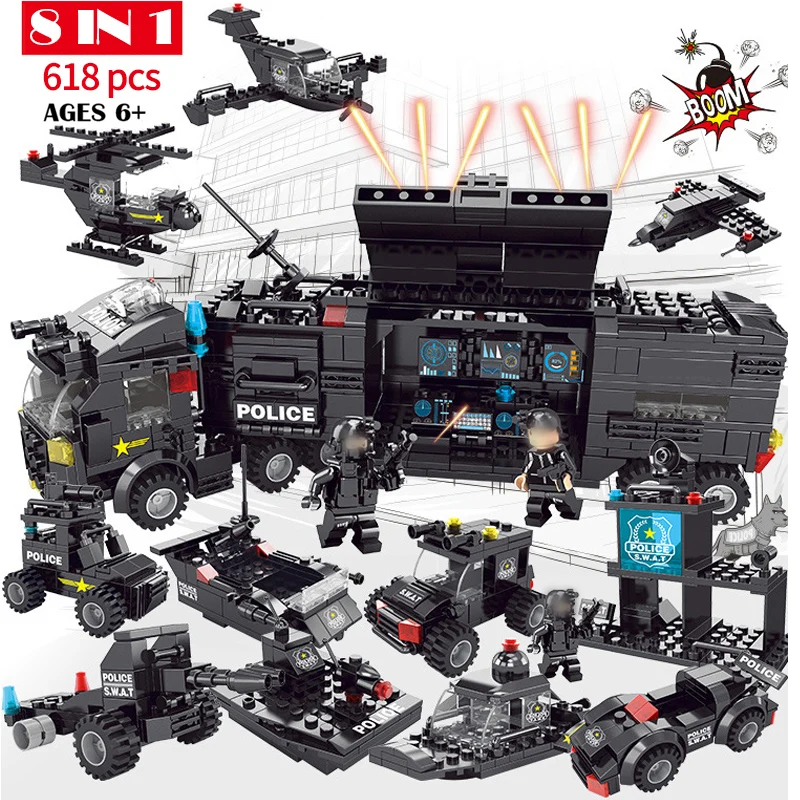 

8 in 1 Building Block Bricks SWAT command car City Police Toy Car Helicopter DIY Model Educational Toys Gift Compatible Legoings