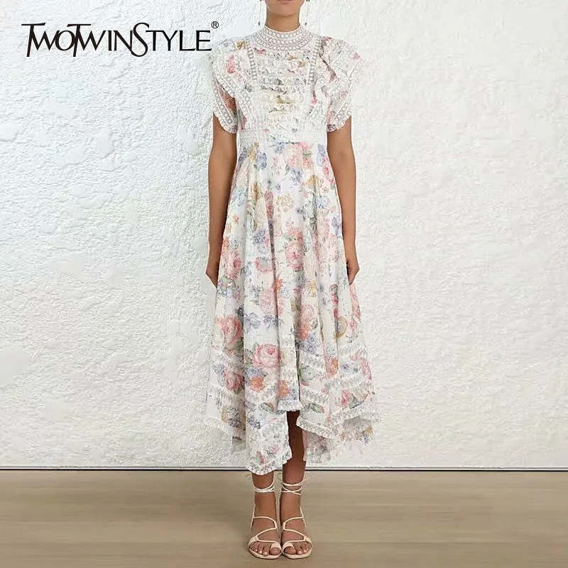 

TWOTWINSTYLE Print Asymmetrical Dress Women High Waist Lace Patchwork O Neck Short Sleeve Long Dresses Female Casual 2019 Spring