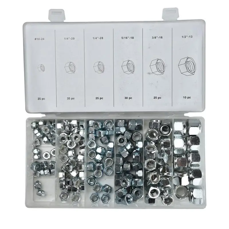 

150pcs/lot Metric Thread Steel Hex Nuts Screw With Storage Holder Hexagonal Nylon Lock Nuts #10-24 1/4-20 1/4-28 5/16-18 3/8-16