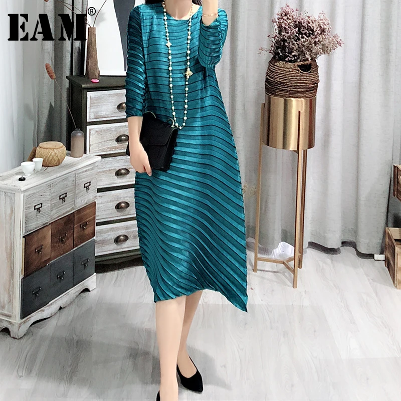

[EAM] 2019 New Spring Summer Round Neck Long 5 Color Pleated Red High Elastic Big Size Sleeve Dress Women Fashion Tide JS750