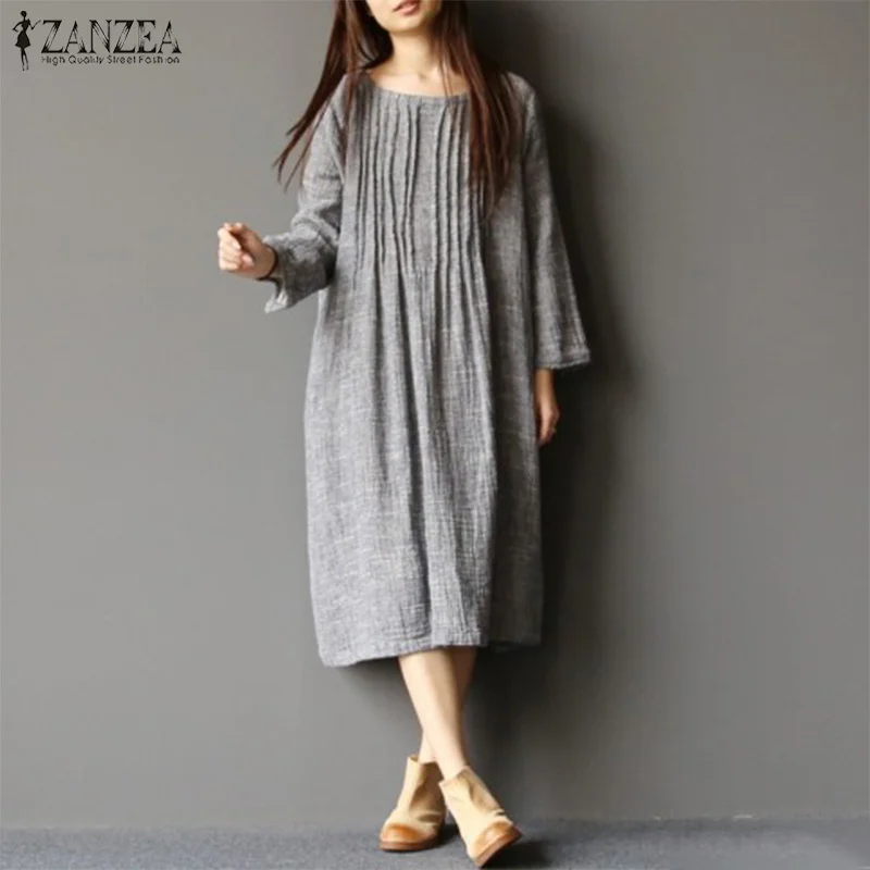 

2019 Summer Shirt Dress ZANZEA Women Long Sleeve Pleated Vestido Casual Vintage Solid Sundress Tunic Robe Femme Work Dresses 5XL