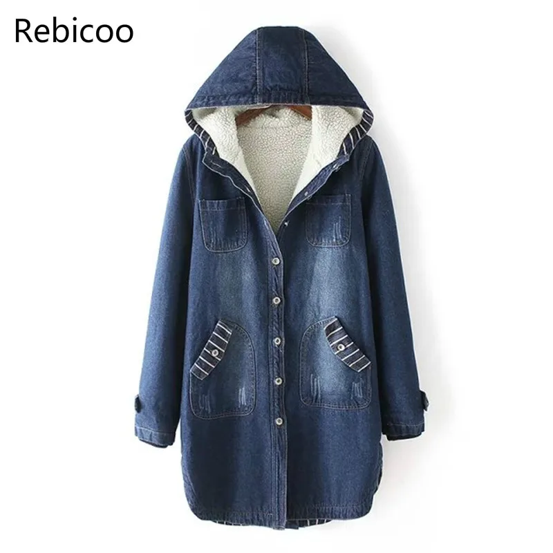 Осенне-зимняя женская джинсовая куртка, пальто, корейское теплое джинсовое пальто с капюшоном, большой размер, повседневная женская джинсовая Толстая хлопковая куртка