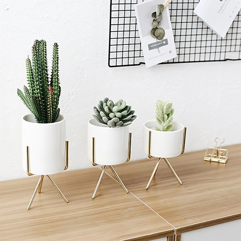 

Set Of 3Pcs Ceramic Flower Planters With Iron Shelf Succulent Plant Pot Home Decorative Flower Vase Without Hole