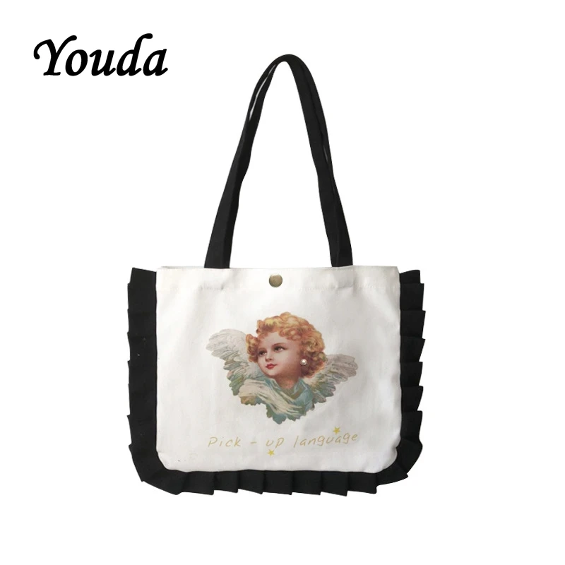 

Youda New College Style Canvas Bag Cute Shoulder Bags Pearl Girl Print Handbag Double Model Tote Ruffled Decorative Handbags