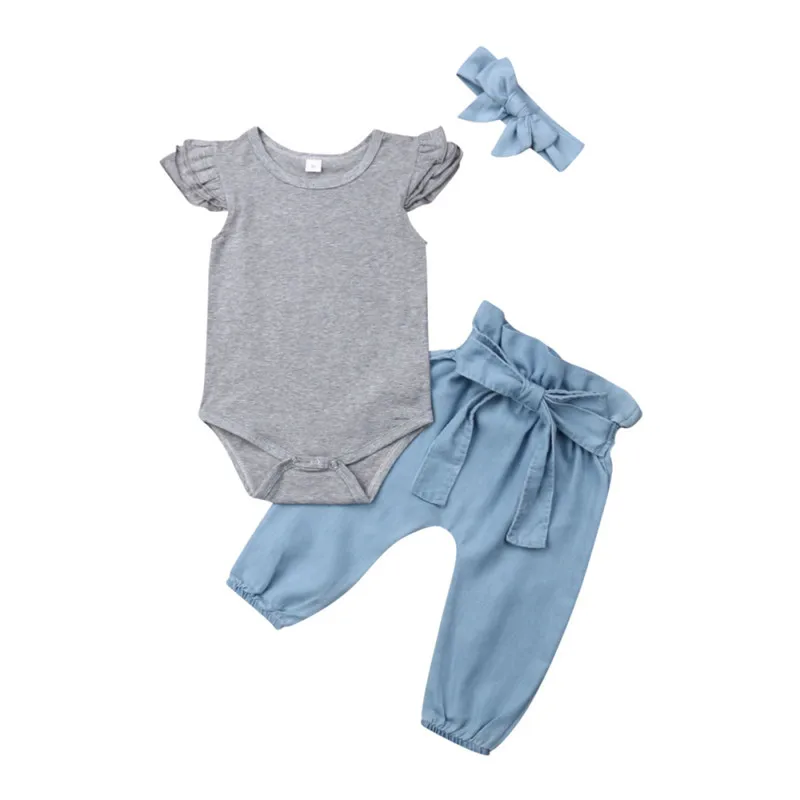 

Summer Newborn Baby Girls Cotton Sets Casual Baby Girl Clothes Solid 3Pcs Outfits Ruffle Sleeve Romper Bow Pants Headband 0-24M