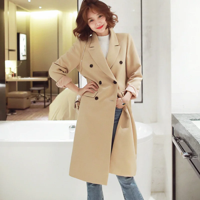 

Classic Long Blazers Sleeve Notched Double Breasted Solid Pockets Loose Casual Korean Jacket Women Khaki Black
