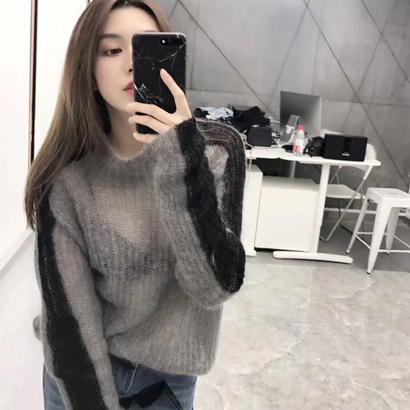 Nitree корейский Повседневное Для женщин свитер See Through топы с высоким воротником
