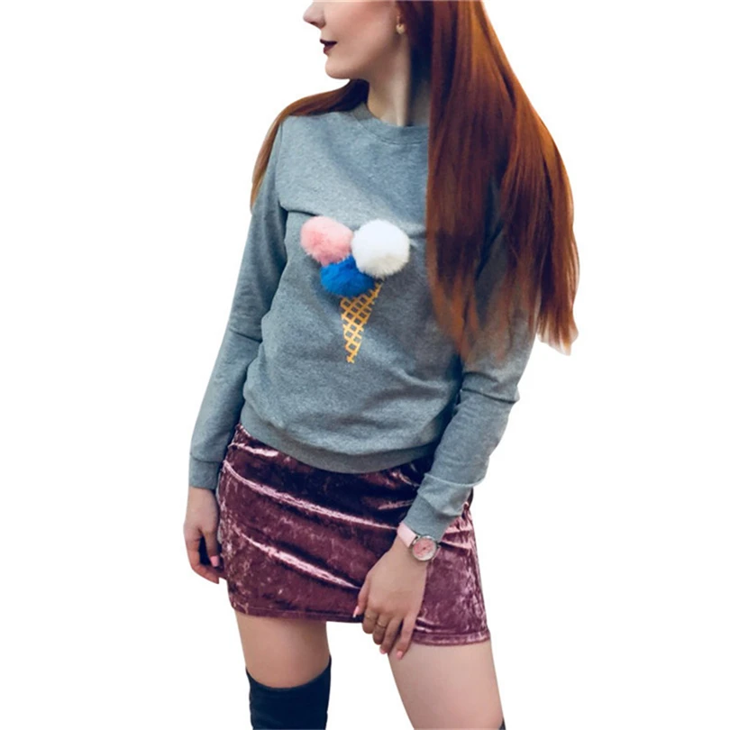

Taotrees Women Jumper Sweatshirt Colorful Ice Cream 3D Artificial Fur Plush Ball Casual Women Tops Pullovers Sweatshirts