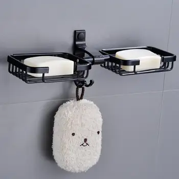 

Vintage Style Black Self Adhesive Wall Mounted Bath Shower Soap Dish Holder 2 Soap Basket with Hook Aluminum Soap Shelf Tray