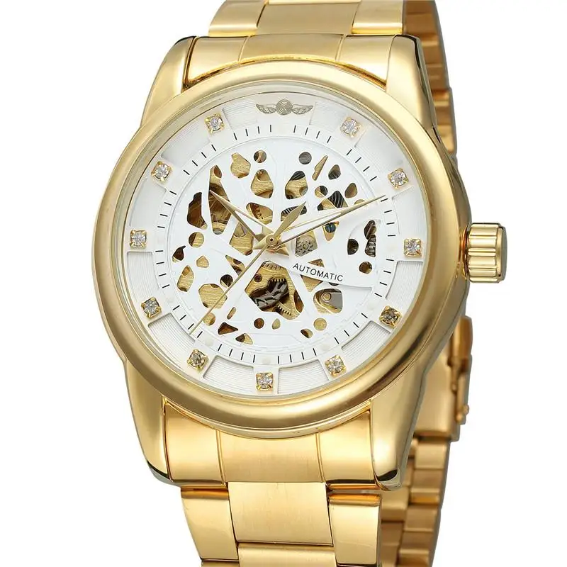 

Winner Transparent Golden Steampunk Design Brown Genuine Leather Belt Man Watches Top Brand Luxury Automatic Wrist Watches
