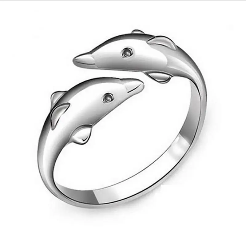

Female Adjustable Rings Happy Double Cute Dolphin Love Open Ring for Women Vintage Ring Jewelry Crystal Party Ornament
