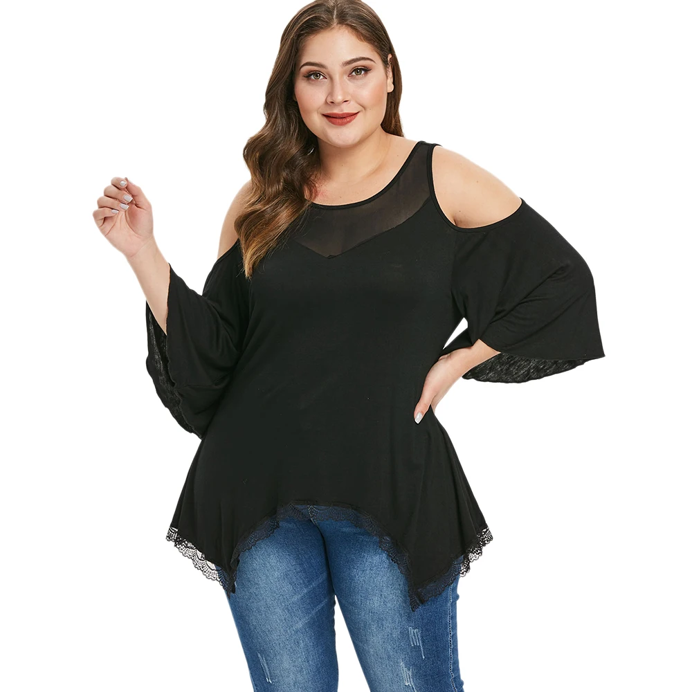 

ROSE GAL Open Shoulder Bat Sleeve Mesh T-Shirt Plus Size Women Spring Loose T-Shirts Cut Out Tunic Sexy Top Female T Shirt
