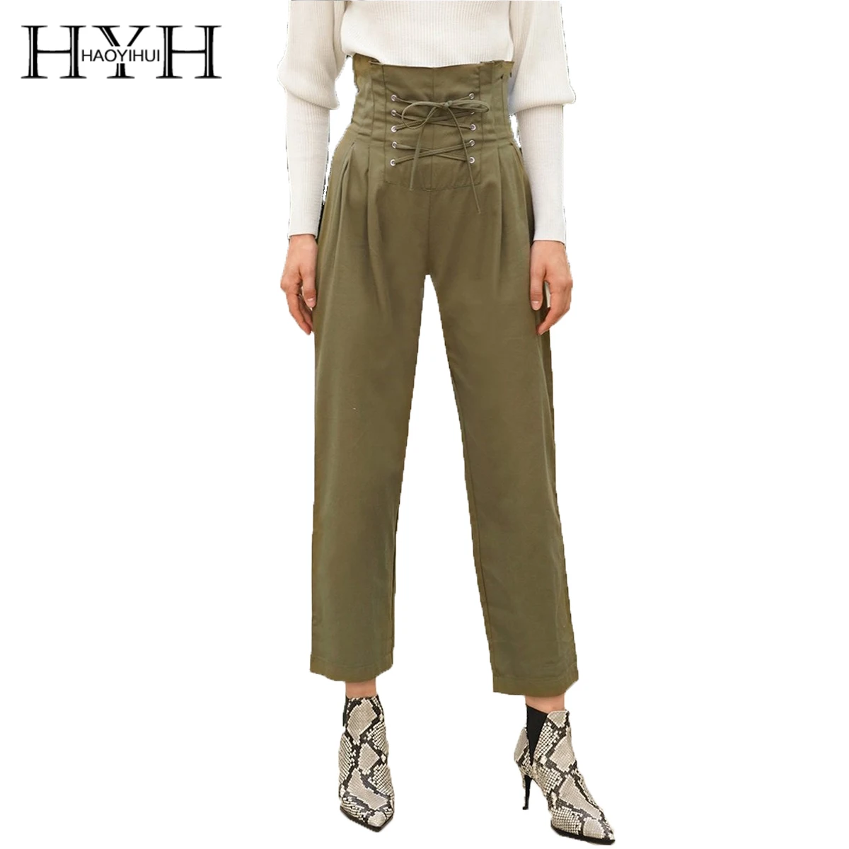 HYH HAOYIHUI Simple High Waist Cross Strap Trousers Temperament Type