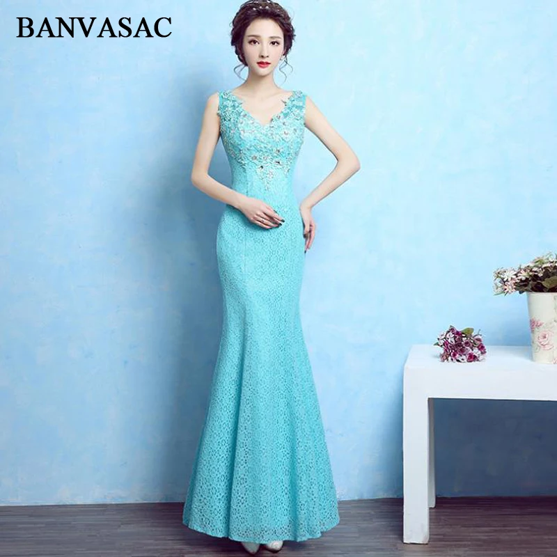 

BANVASAC Elegant Crystal Deep V Neck Lace Appliques Long Evening Dresses Party Mermaid Tank Backless Prom Gowns