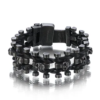 

Hot Stainless Steel Charms Skull Bracelet Men Cowhide Weaving Punk Retro Bracelets Homme Jewelry