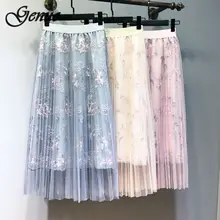 Летняя Цветочная вышивка тюлевые Юбки Высокая талия слово длинная юбка высокая талия плиссированная юбка женская пачка юбки