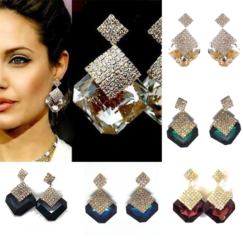 

Fashion colorful big red crystal earrings 2019 bohemia large Square Stone Rhinestones Drop Earrings Women elegant jewelry gift