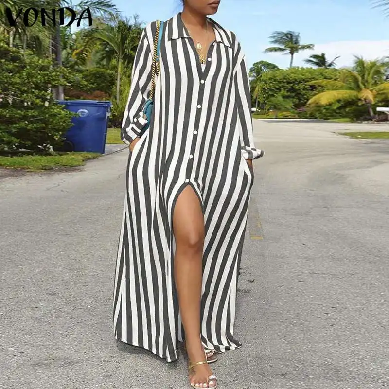 

VONDA Women Striped Shirt Dress 2019 Autumn Sexy Long Sleeve Lapel Neck Buttons Split Holiday Long Dresses Party Vestidos Baggy