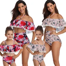 Семейные комплекты из двух предметов; раздельный купальник; летняя пляжная одежда для мамы и дочки; комплект бикини с оборками для маленьких девочек; купальный костюм