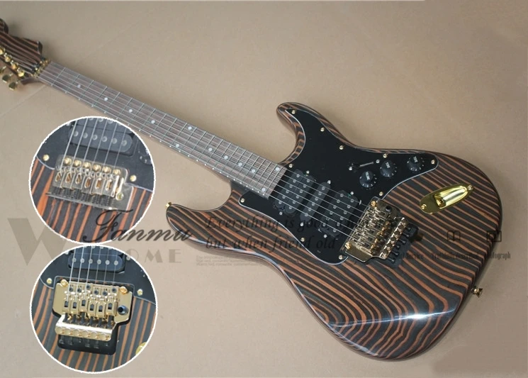 

Factory custom Zebra Wood Body Electric Guitar with HSH Pickups,Black Pickguard ,Gold Hardwares,Offer Customized