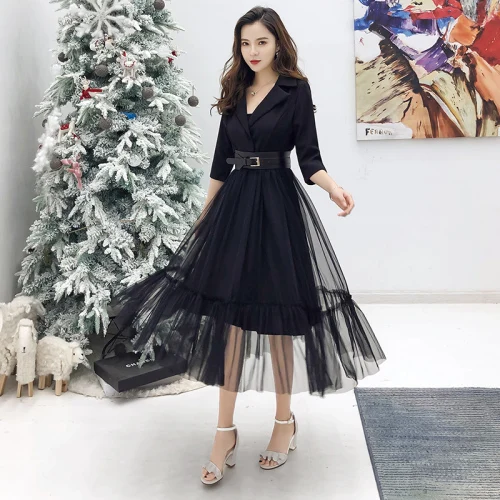 

2019 autumn winter Sexy Patchwork Eegant Dress Women Notched Neck Mesh Dresses Long Swing Vestido Belt high quality robe femme