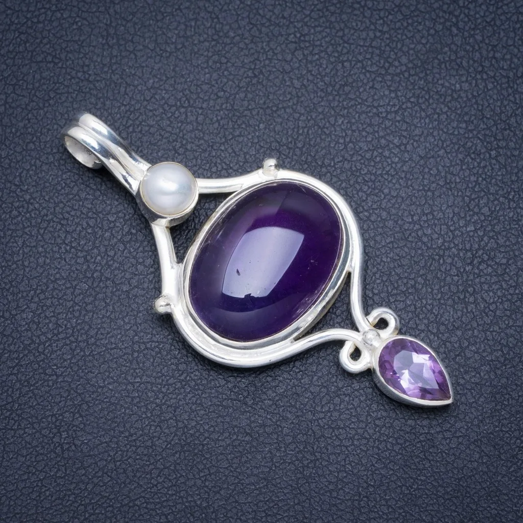 

Natural Amethyst and River Pearl Handmade Unique 925 Sterling Silver Pendant 2" A0211