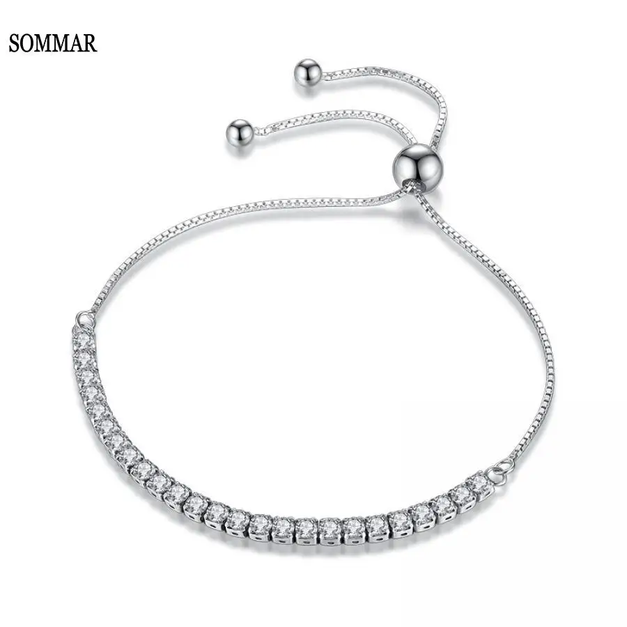

SOMMAR 925 Sterling Silver 28cm Transport Beads 25 PCS Shiny ZIrcon Crystal Bracelets & Bangles pulseira S-B43