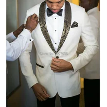 Two Piece White Wedding Groom Tuxedos Gold Shawl Lapel Slim Fit Men Suits for Evening Prom Party Jacket Pants Male Blazer