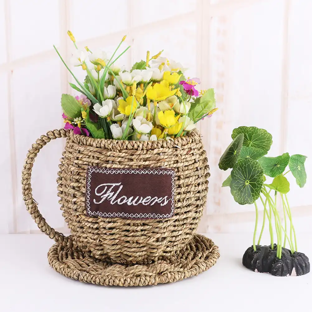 Grass Weaving Flower Pot Indoor Tabletop Decoration Teacup Plant