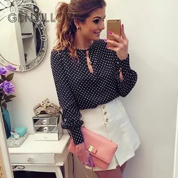 

Spring Summer Chiffon Polka Dots Shirt Women Tops Casual O-Neck Long Sleeves Blouses Office Lady Chic Blouse 2019