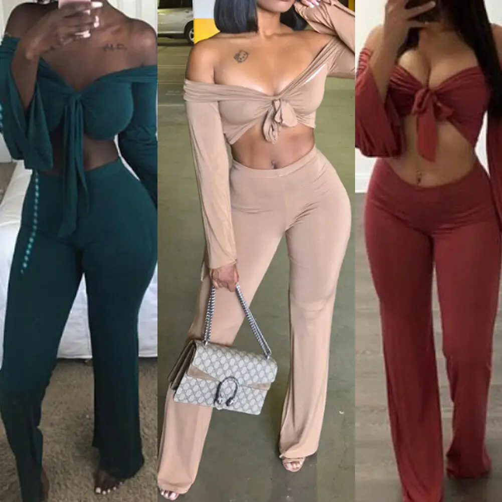 

Sexy Women Casual Crop Top Long Pants Set Two Piece Outfit Sexy Women Party Cloths Set