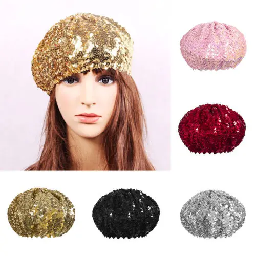 Для женщин Bling стрейч металлик Сияющие Блестки французская шляпа Берет шапочка