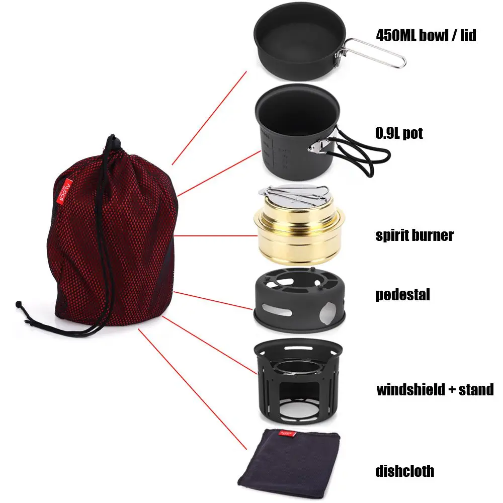 ALOCS CW-C01 7 piezas de Camping al aire libre juego de cocina estufa portátil Camping utensilios de cocina ollas de cocina estufa de Picnic barbacoa de 1-2Pers