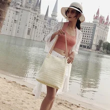 Соломенная Сумка, повседневная сумка, летняя Праздничная сумка на плечо, Женская плетеная Сумка-мешок, пляжные сумки на плечо