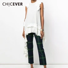 CHICEVER летние женские футболки Топ без рукавов Подол Асимметричный плиссированные кружево Свободные Большой размеры Женская футболк