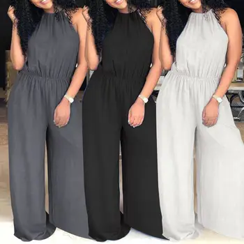 

Plus Size Overalls Celmia 2020 Summer Jumpsuit Women Sexy Sleeveless Elastic Waist Solid Long Halter Romper Casual Wide Leg Pant