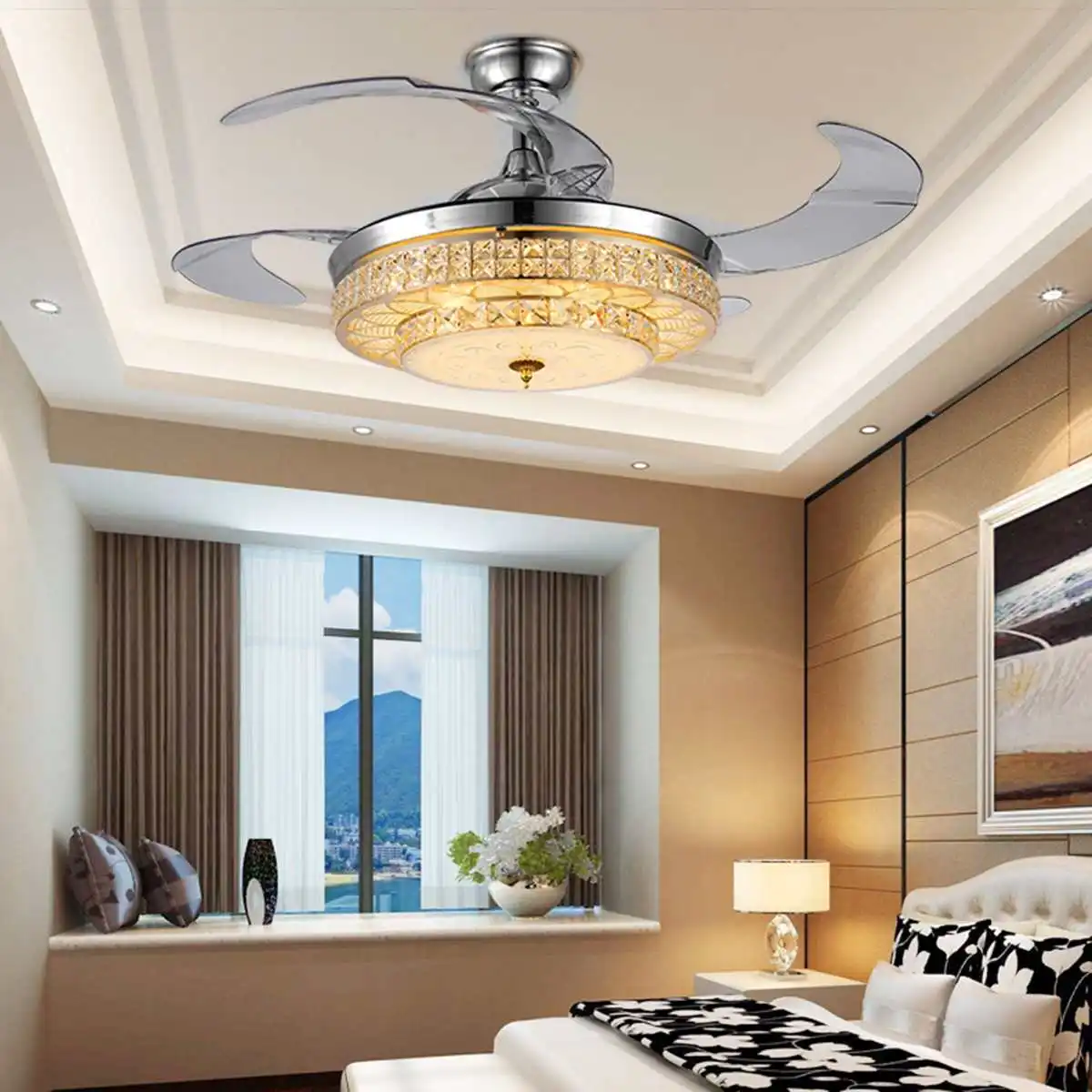 

Ceiling Fan LED CRYSTAL Light Decor Ceiling Fan lamp Retractable Blade Invisible fans timing remote control Dining living room